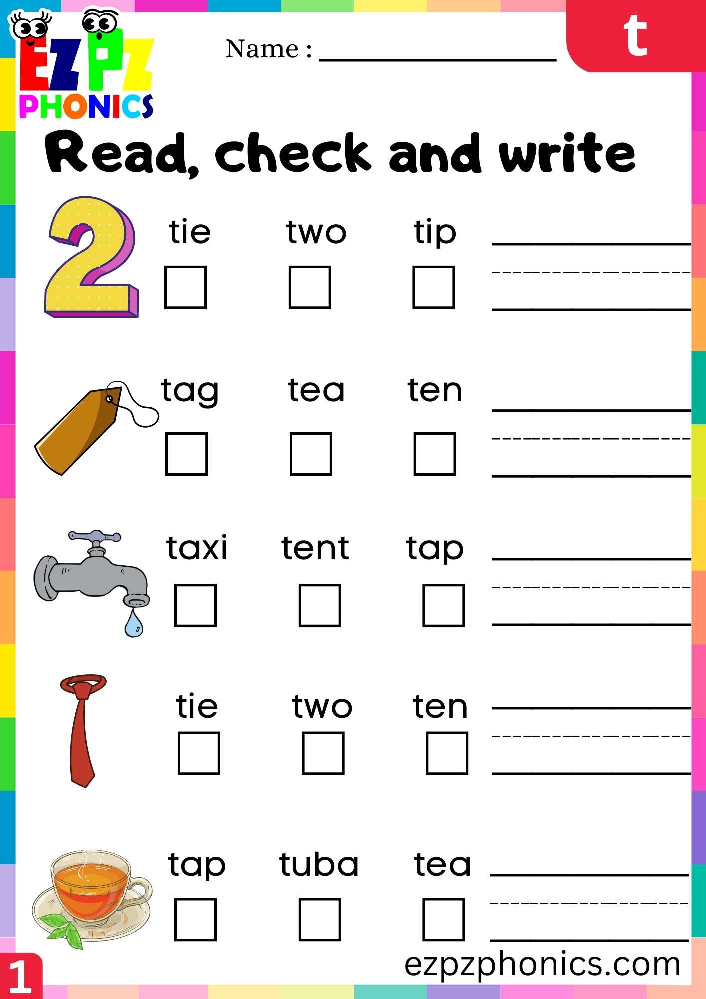Letter T Read, Check And Write Beginning Sounds Worksheet